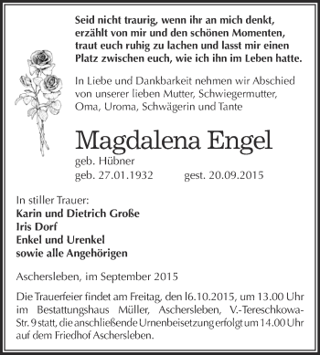Traueranzeige von Magdalena Engel von Super Sonntag Aschersleben