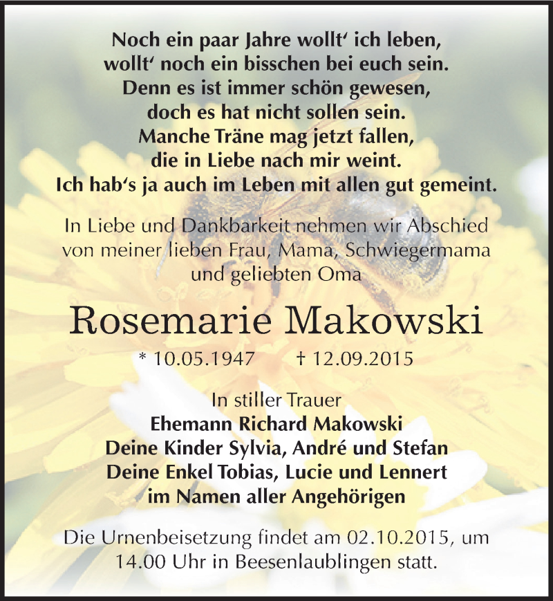  Traueranzeige für Rosemarie Makowski vom 19.09.2015 aus Mitteldeutsche Zeitung Bernburg