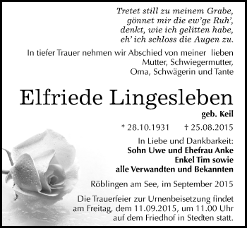 Traueranzeige von Elfriede Lingesleben von Mitteldeutsche Zeitung Mansfelder Land