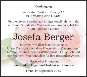 Traueranzeige von Josefa Berger von WVG - Wochenspiegel Dessau / Köthen