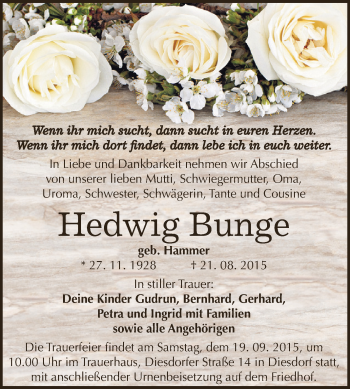 Traueranzeige von Hedwig Bunge von WVG - Wochenspiegel Dessau / Köthen