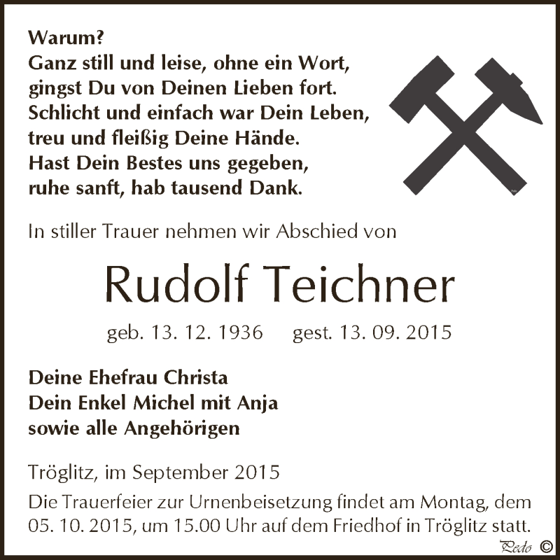  Traueranzeige für Rudolf Teichner vom 19.09.2015 aus Super Sonntag Zeitz