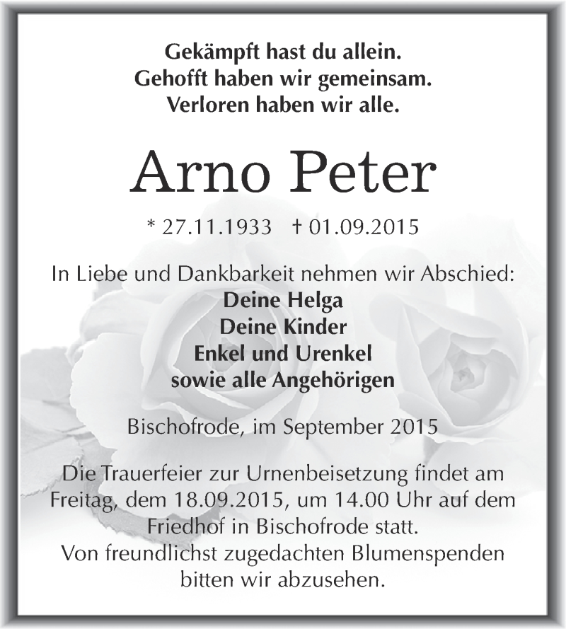  Traueranzeige für Arno Peter vom 09.09.2015 aus Wochenspiegel Mansfelder Land