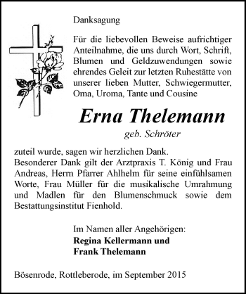 Traueranzeige von Erna Thelemann von Mitteldeutsche Zeitung Sangerhausen