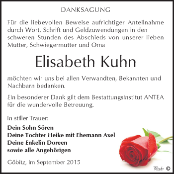 Traueranzeige von Elisabeth Kuhn von Super Sonntag Zeitz