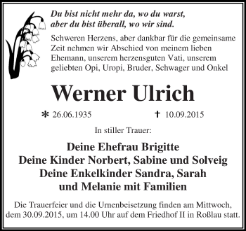 Traueranzeige von Werner Ulrich von WVG - Wochenspiegel Dessau / Köthen