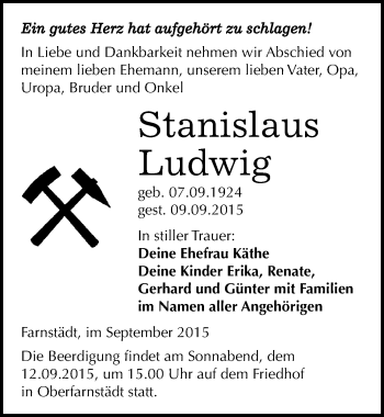 Traueranzeige von Stanislaus Ludwig von Mitteldeutsche Zeitung Merseburg/Querfurt
