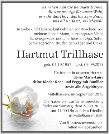 Traueranzeige von Hartmut Trillhase von Super Sonntag SGH Mansf. Land