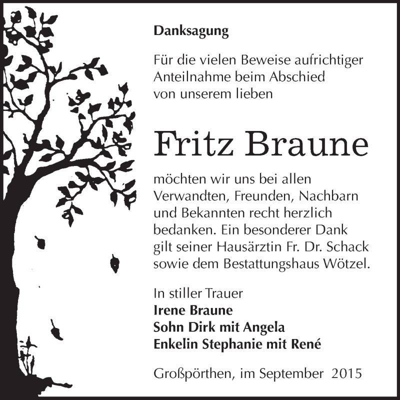  Traueranzeige für Fritz Braune vom 12.09.2015 aus Super Sonntag Zeitz