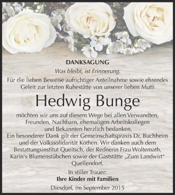 Traueranzeige von Hedwig Bunge von WVG - Wochenspiegel Dessau / Köthen