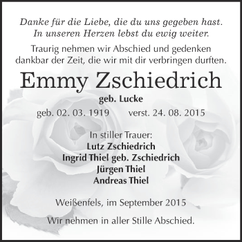 Traueranzeige von Emmy Zschiedrich von WVG - Wochenspiegel NMB / WSF / ZTZ