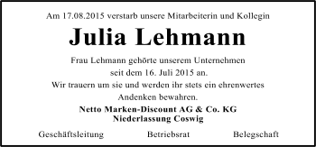 Traueranzeige von Julia Lehmann von Mitteldeutsche Zeitung