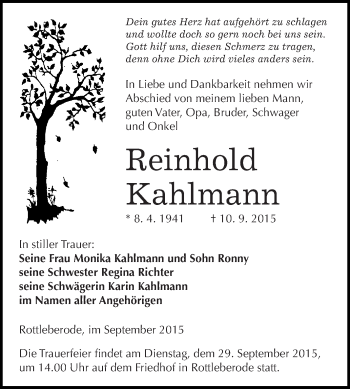 Traueranzeige von Reinhold Kahlmann von Super Sonntag SGH Mansf. Land