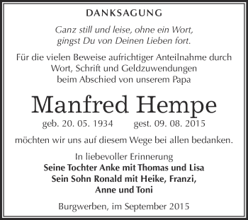 Traueranzeige von Manfred Hempe von WVG - Wochenspiegel NMB / WSF / ZTZ