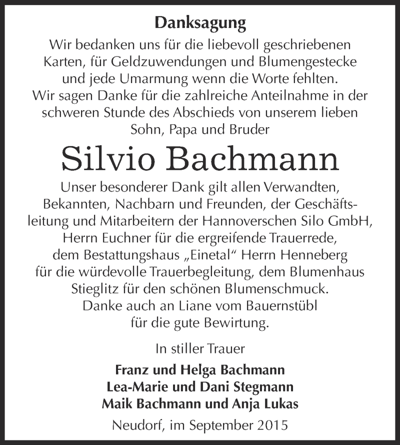  Traueranzeige für Silvio Bachmann vom 26.09.2015 aus Super Sonntag Quedlinburg