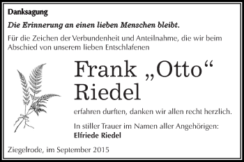 Traueranzeige von Frank Riedel von Wochenspiegel Mansfelder Land