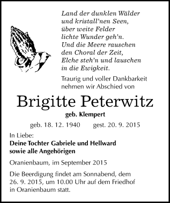 Traueranzeige von Brigitte Peterwitz von Mitteldeutsche Zeitung Wittenberg