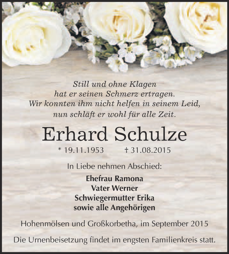  Traueranzeige für Erhard Schulze vom 09.09.2015 aus WVG - Wochenspiegel NMB / WSF / ZTZ