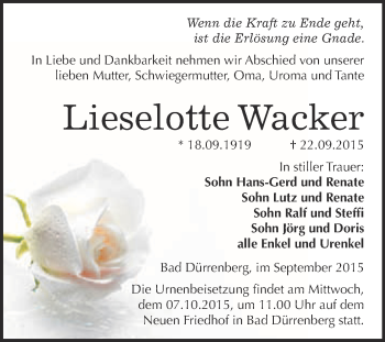 Traueranzeige von Lieselotte Wacker von Super Sonntag Merseburg
