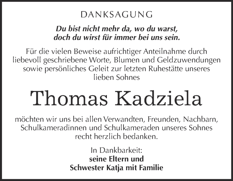  Traueranzeige für Thomas Kadziela vom 19.09.2015 aus Super Sonntag Quedlinburg