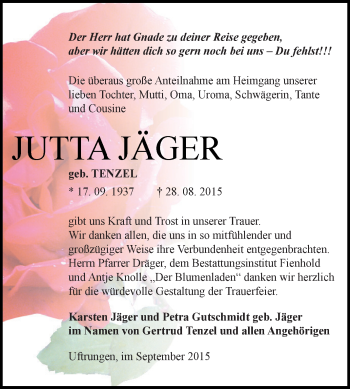Traueranzeige von Jutta Jäger von Super Sonntag SGH Mansf. Land
