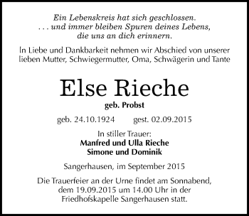 Traueranzeige von Else Rieche von Mitteldeutsche Zeitung Sangerhausen