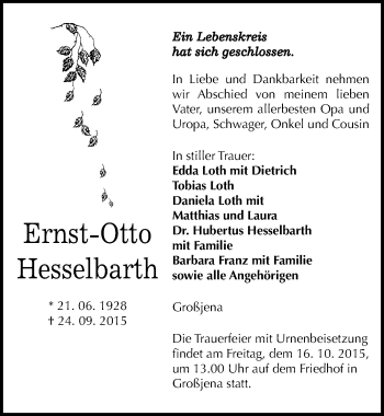 Traueranzeige von Ernst-Otto Hesselbarth von Mitteldeutsche Zeitung Naumburg/Nebra