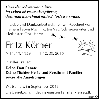 Traueranzeige von Fritz Körner von WVG - Wochenspiegel NMB / WSF / ZTZ
