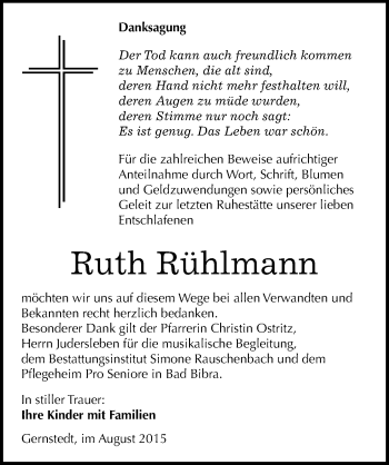 Traueranzeige von Ruth Rühlmann von Mitteldeutsche Zeitung Naumburg/Nebra