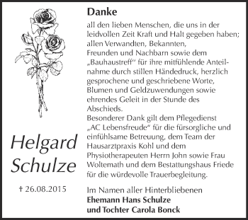 Traueranzeige von Helgard Schulze von WVG - Wochenspiegel Dessau / Köthen
