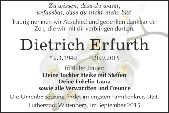 Traueranzeige von Dietrich Erfurth von Super Sonntag Wittenberg