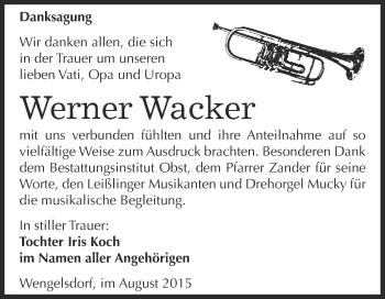 Traueranzeige von Werner Wacker von Super Sonntag Merseburg