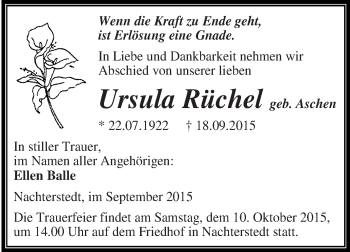 Traueranzeige von Ursula Rüchel von Super Sonntag Aschersleben