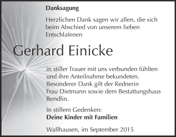Traueranzeige von Gerhard Einicke von WVG - Wochenspiegel SGH