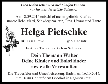 Traueranzeige von Helga Pietschke von WVG - Wochenspiegel Dessau / Köthen
