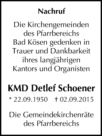 Traueranzeige von Detlef Schoener von Mitteldeutsche Zeitung Naumburg/Nebra