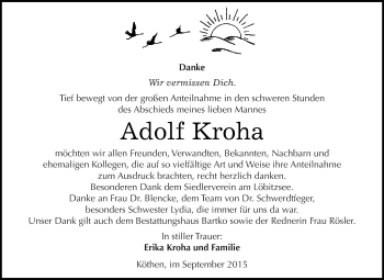 Traueranzeige von Adolf Kroha von WVG - Wochenspiegel Dessau / Köthen