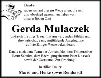 Traueranzeige von Gerda Mulaczek von WVG - Wochenspiegel Dessau / Köthen