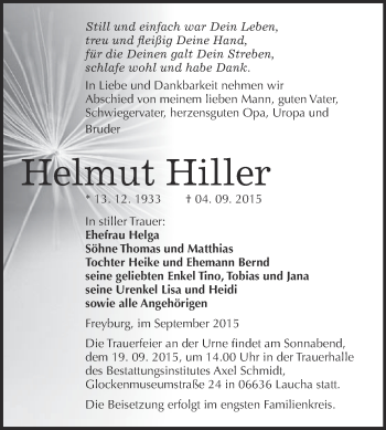 Traueranzeige von Helmut Hiller von WVG - Wochenspiegel NMB / WSF / ZTZ