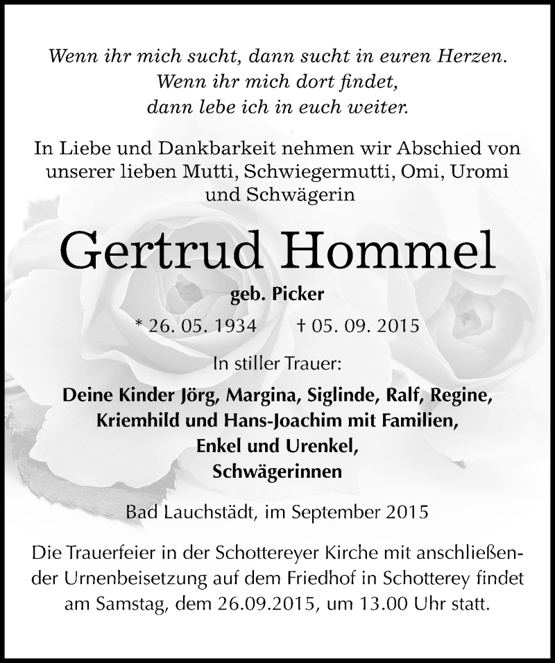  Traueranzeige für Gertrud Hommel vom 12.09.2015 aus Mitteldeutsche Zeitung Merseburg/Querfurt