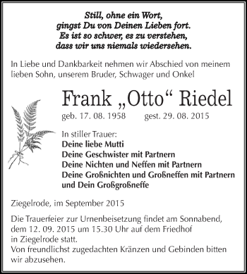 Traueranzeige von Frank Riedel von Wochenspiegel Mansfelder Land