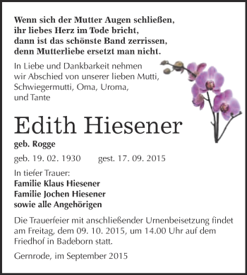 Traueranzeige von Edith Hiesener von WVG - Wochenspiegel Quedlinburg