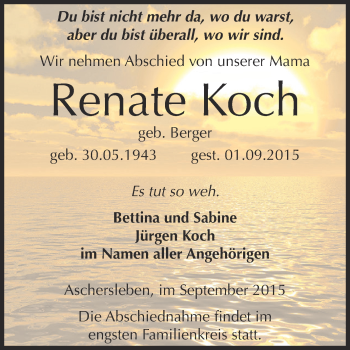 Traueranzeige von Renate Koch von Super Sonntag Aschersleben