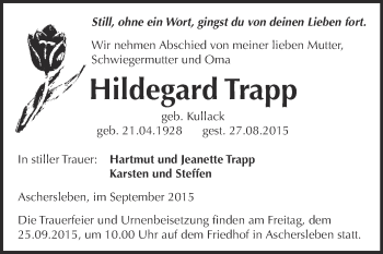 Traueranzeige von Hildegard Trapp von Super Sonntag Aschersleben