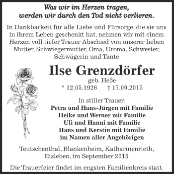 Traueranzeige von Ilse Grenzdörfer von Super Sonntag SGH Mansf. Land