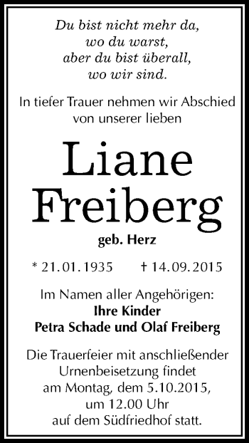 Traueranzeige von Liane Freiberg von Mitteldeutsche Zeitung Halle/Saalkreis