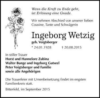 Traueranzeige von Ingeborg Wetzig von Mitteldeutsche Zeitung Bitterfeld
