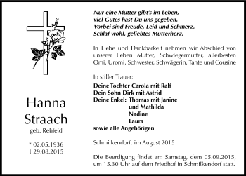 Traueranzeige von Hanna Straach von Mitteldeutsche Zeitung Wittenberg