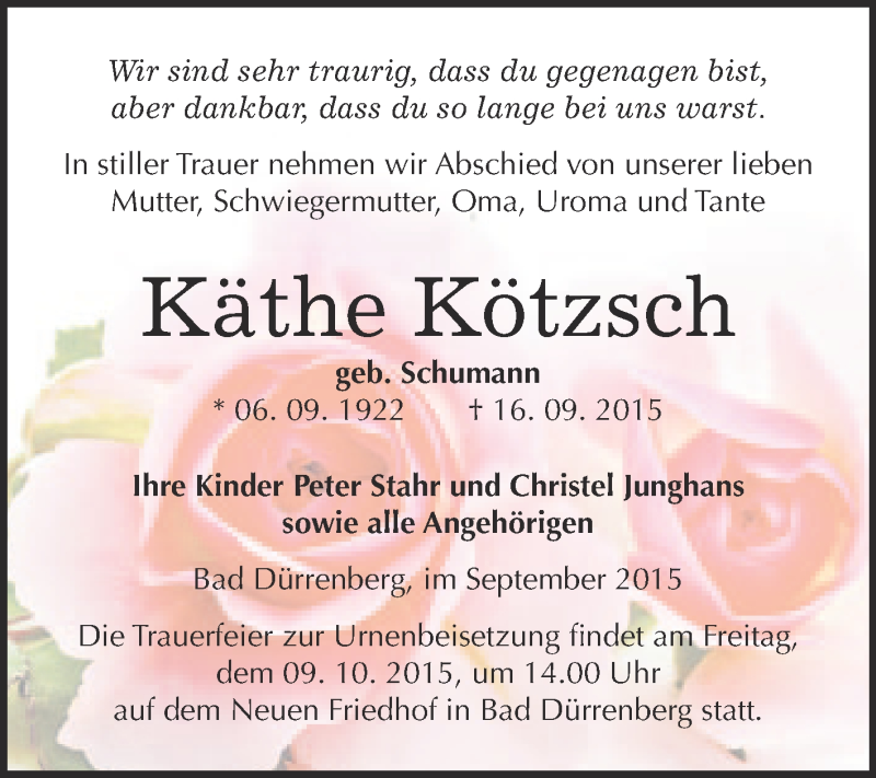  Traueranzeige für Käthe Kötzsch vom 19.09.2015 aus Super Sonntag Merseburg