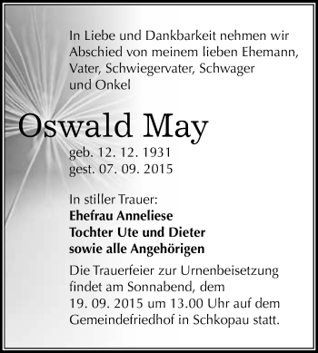 Traueranzeige von Oswald May von WVG - Wochenspiegel Merseburg